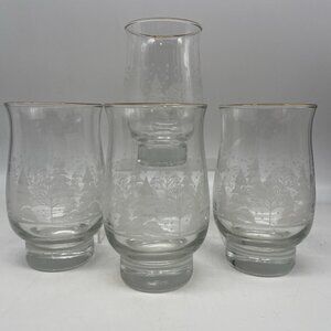 Vintage Libbey Winter Wonderland Glasses Set Of Four (4) Gold Rim Forest Trees
